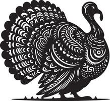 A black and white illustration of a turkey with intricate decorative patterns design vector