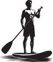 Silhouette of muscular man paddleboarding with paddle on water in black and white art vector