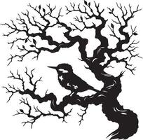 A monochrome illustration of a bird perched on a gnarled tree with sparse leaves vector