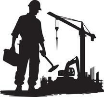 Silhouette of construction worker with tools and construction site in background vector