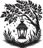 A black and white illustration of a lantern hanging from a tree with stars around it vector