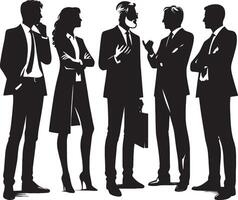 Silhouettes of five business people standing and talking in a professional setting vector
