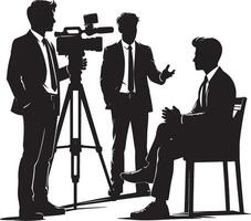 Silhouette of interview setup with cameraman interviewer and interviewee in studio vector