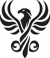 A black and white graphic design of a phoenix with stylized wings and tail curls vector