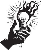 A graphic image showing a hand holding a lightbulb with flames and light rays around vector