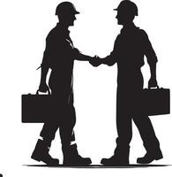 Silhouette of two construction workers shaking hands with briefcases on white background vector