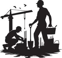 Silhouette of construction workers with crane and birds in black and white image vector