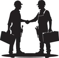 Two construction workers in silhouette shaking hands holding toolboxes and tools vector