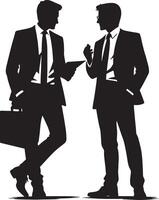 Silhouette of two businessmen in suits discussing business with briefcase and tablet vector