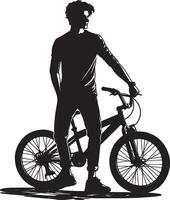 Silhouette of a man standing next to a bicycle in black and white minimalist style vector