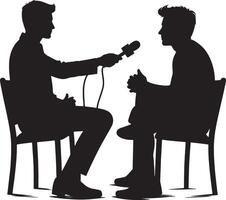 Silhouette of man holding microphone interviewing another man sitting on a chair vector