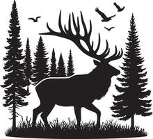 A silhouette of a deer with large antlers standing in a forest with birds flying above vector