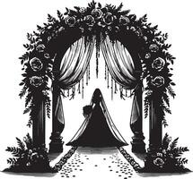 Silhouette of a bride under floral archway with draped fabric in black and white vector