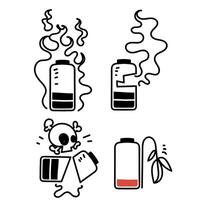 battery damaged icon set with a skull, a battery and a cigarette vector