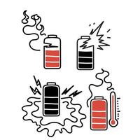 battery damaged danger icon set with different types of batteries vector