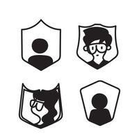 four black and white icons of people in different shapes of shield vector