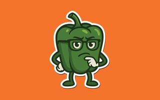 a cartoon green pepper with glasses on an orange background vector