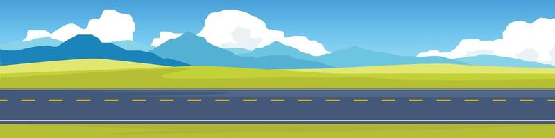 Horizontal view of Asphalt road. Background of plain grassland and hills with rugged mountains. Under the white clouds and blue sky. vector