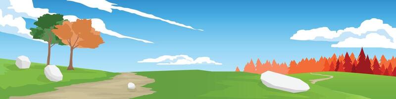 Horizontal or landscape view of walking path on a hillside. The pine trees are falling leaves in spring. Under the white clouds and clear sky. vector