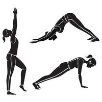 Black silhouette figures in various yoga poses such as tree pose, downward dog, cobra, warrior, lotus, and triangle pose on plain white background . vector