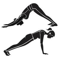 Black silhouette figures in various yoga poses such as tree pose, downward dog, cobra, warrior, lotus, and triangle pose . vector