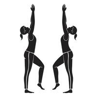 Black silhouette figures in various yoga poses triangle pose on plain white background . vector