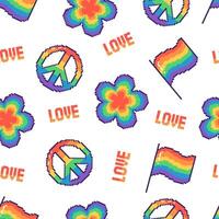 Seamless pattern with pixel peace symbol, flag and flower on white background. Hand drawn illustration for LGBT pride month. vector
