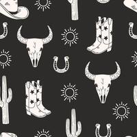 Cowboy themed seamless pattern with boots, skull, cactus and sun on dark background. Wild West style. Hand drawn illustration for wrapping paper, textile, fabric. vector