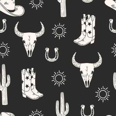 Cowboy themed seamless pattern with boots, skull, cactus and sun on dark background. Wild West style. Hand drawn illustration for wrapping paper, textile, fabric.