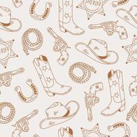 Seamless pattern with cowboy boots, sheriff badge, revolver and lasso on light background. Wild West style. Hand drawn illustration for wrapping paper, textile, fabric. vector