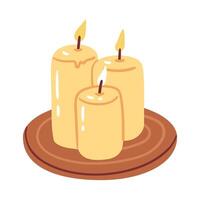 Three yellow candles of different heights stand on a round wooden plate. Hand drawn illustration. vector