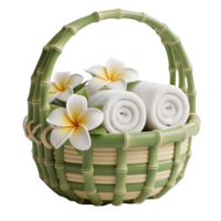 A basket with towels and flowers on it png