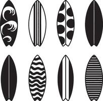Minimalist black and white surfboard collection featuring various patterns and designs vector