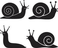 Four snails black silhouette design with two different shells isolated on white background vector