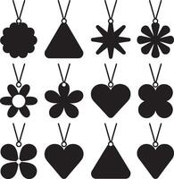 Black silhouette icons of various shapes hanging on strings vector