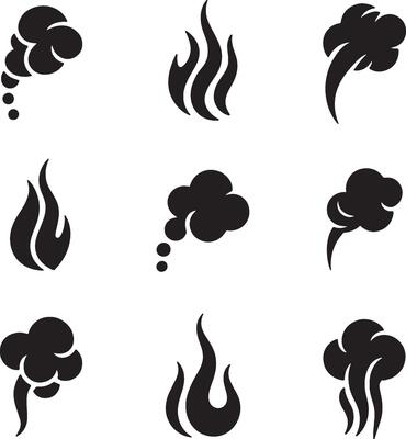 Nine simple black smoke and fire icons set