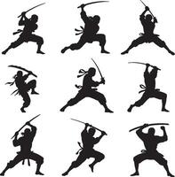 Nine silhouettes of ninjas with swords action poses vector