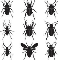Collection of nine black silhouettes of beetles vector