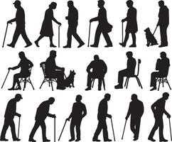 Silhouettes of elderly people walking sitting with canes dogs vector