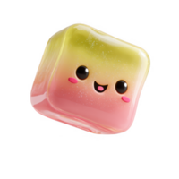 Cute jelly cube character with smiling face, featuring vibrant gradient of pink and yellow colors. This delightful dessert character brings joy and playfulness to any design png
