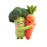 Cute broccoli and carrot plush toys are hugging each other, showcasing friendly and playful vibe. These veggie friends are perfect for children, promoting healthy eating in fun way png