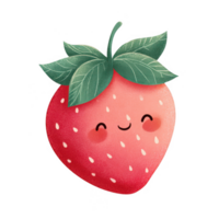 Cute smiling strawberry character with vibrant colors and cheerful expression, perfect for children illustrations or playful designs. This adorable fruit element brings joy and fun to any project png