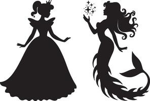 Unique Princess and mermaid silhouettes fairytale fantasy vector