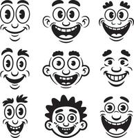 Nine happy cartoon faces expressions set vector