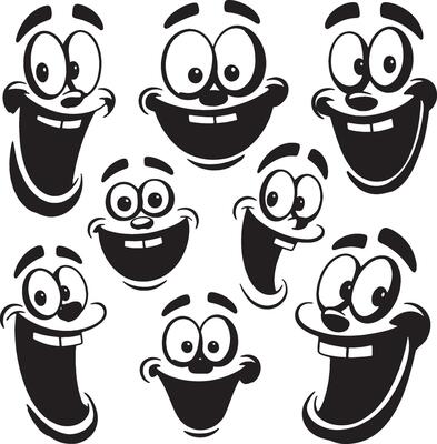 Collection of funny cartoon faces big eyes happy expressions