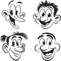 Four cartoon faces happy expressions black white vector
