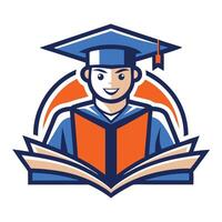 Graduation Shield Badge Icon with Student and Laurel vector