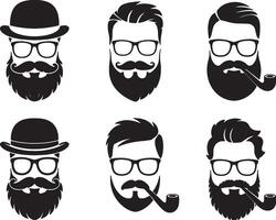 Hipster men icons set mustache beard glasses vector