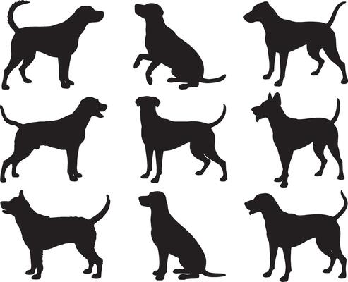Nine dog silhouettes various breeds canine collection