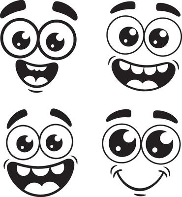 Four happy cartoon faces big eyes smiling